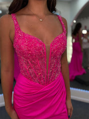 Plunging V-Neck Beaded Corset Bodice Prom Dress with High Slit