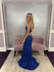 Plunging V-Neck Sequin Lace Sheer Corset Prom Dress