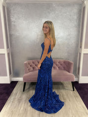 Plunging V-Neck Sequin Lace Sheer Corset Prom Dress