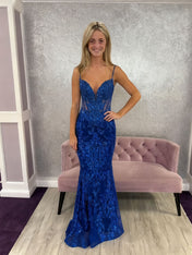 Plunging V-Neck Sequin Lace Sheer Corset Prom Dress