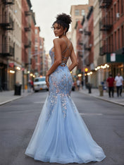 Plunging V-Neck Tulle Mermaid Prom Dress with Floral Embroidery