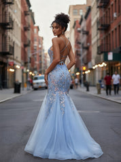 Plunging V-Neck Tulle Mermaid Prom Dress with Floral Embroidery