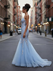 Plunging V-Neck Tulle Mermaid Prom Dress with Floral Embroidery