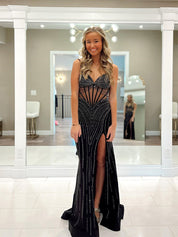 Plunging V-Neck Crystal Corset Bodice Prom Dress with Slit