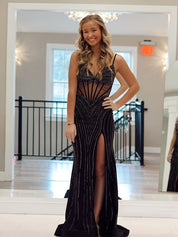 Plunging V-Neck Crystal Corset Bodice Prom Dress with Slit