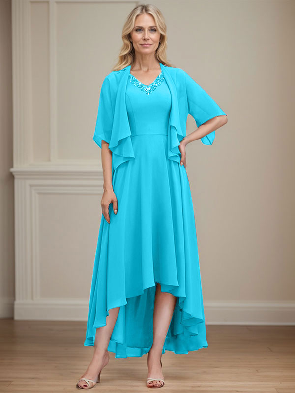A-line V-Neck Asymmetrical Chiffon Mother of the Bride Dress With Beading Sequins