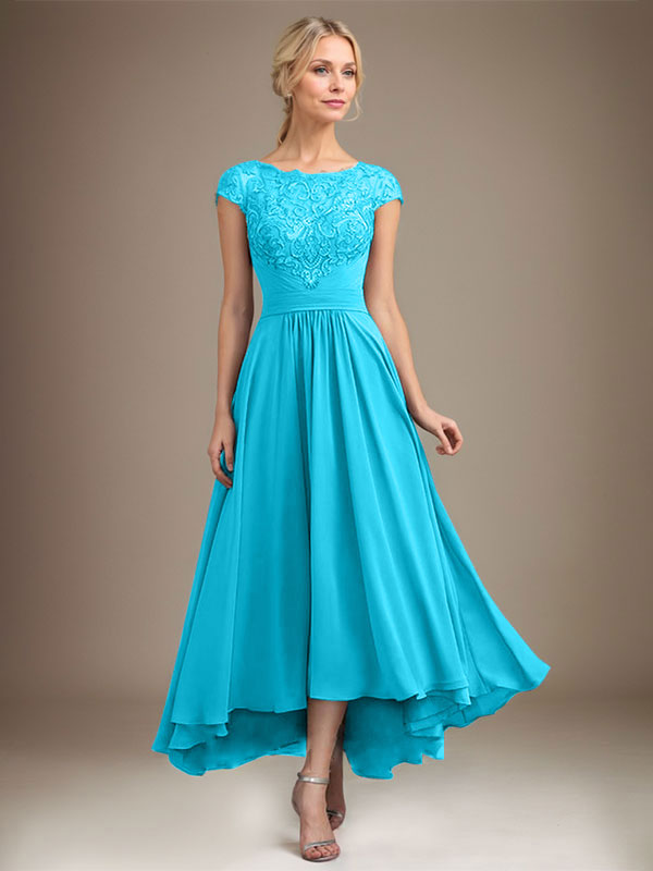 A-line Scoop Illusion Asymmetrical Lace Chiffon Mother of the Bride Dress With Pleated