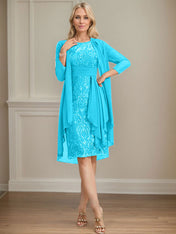 Sheath/Column Scoop Illusion Knee-Length Lace Chiffon Mother of the Bride Dress With Cascading Ruffles Sequins