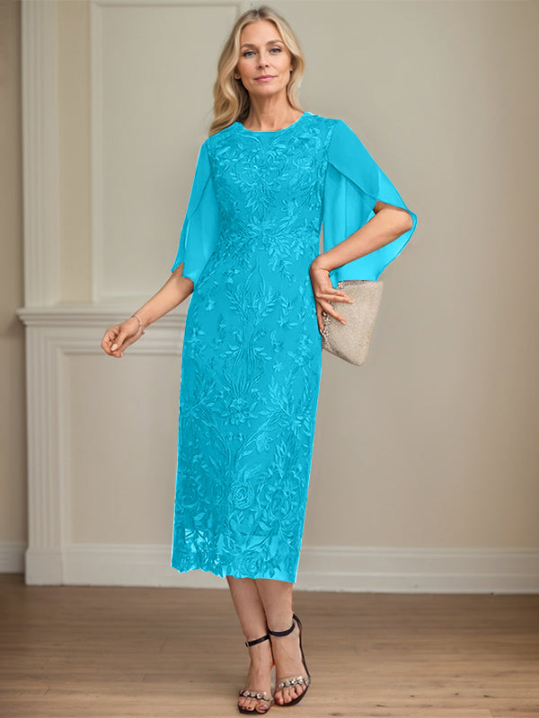 Column Scoop Tea-Length Lace Chiffon Mother of the Bride Dress