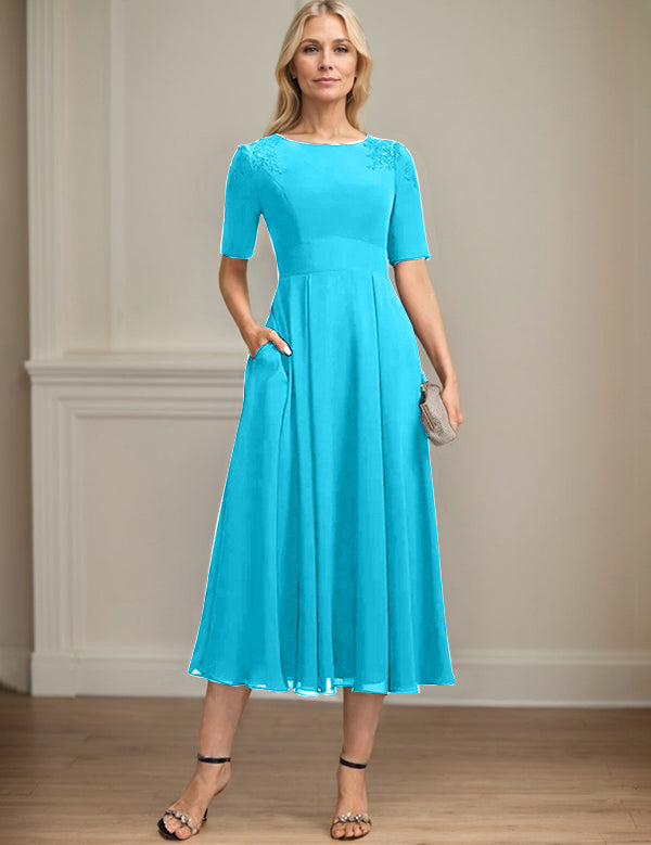 A-line Scoop Tea-Length Chiffon Mother of the Bride Dress With Appliques Lace Sequins
