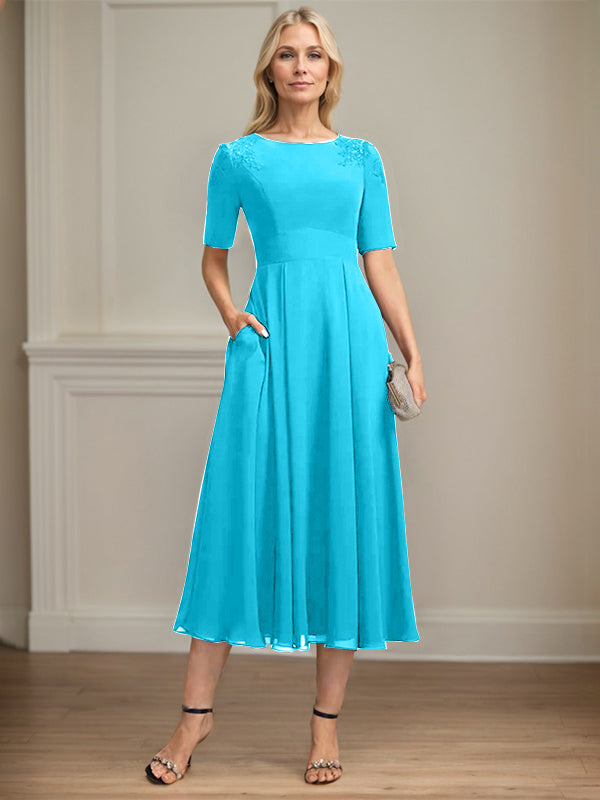 A-line Scoop Tea-Length Chiffon Mother of the Bride Dress With Appliques Lace Sequins