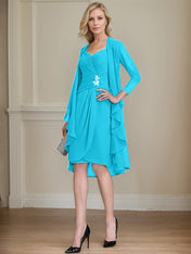 Sheath/Column Sweetheart Knee-Length Chiffon Mother of the Bride Dress With Beading Appliques Lace Sequins Pleated