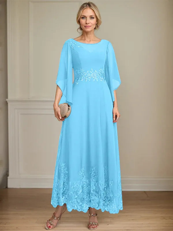 Robe de mère de la mariée trapèze en mousseline de soie et dentelle, longueur cheville, décolleté en V, illusion, avec paillettes 