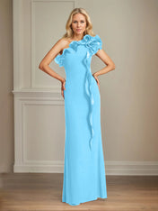 Navy Stretch Crepe Sheath/Column One Shoulder Floor Length Mother of the Bride Dresses With Ruffles