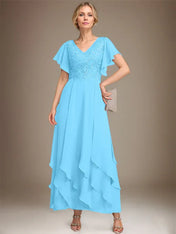 A-line V-Neck Ankle-Length Lace Chiffon Mother of the Bride Dress With Cascading Ruffles