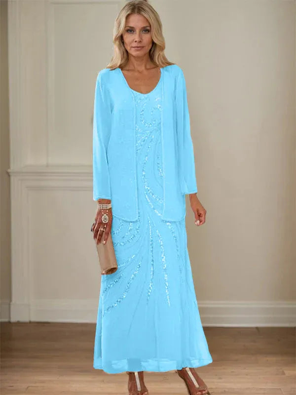 Robe de mère de la mariée fourreau/colonne, col en V, longueur cheville, avec veste et paillettes 