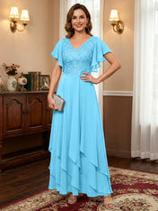 A-line V-Neck Ankle-Length Lace Chiffon Mother of the Bride Dress With Cascading Ruffles