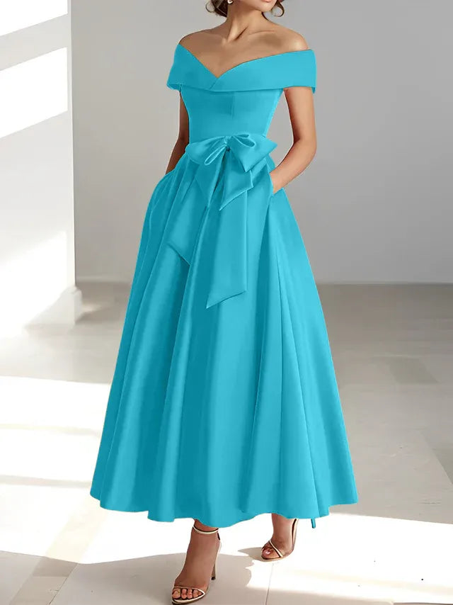 Princess Off-the-Shoulder Sleeveless Ankle-Length Mother of the Bride Dresses with Pockets