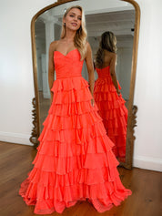 Princess Orange Strapless Sweetheart Tiered Long Prom Dress