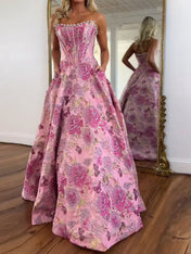 A Line Prom Dresses 3D Floral Strapless Evening Party Dresses with Bead