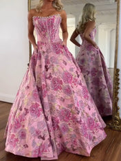 A Line Prom Dresses 3D Floral Strapless Evening Party Dresses with Bead