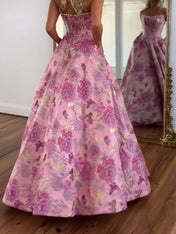 A Line Prom Dresses 3D Floral Strapless Evening Party Dresses with Bead
