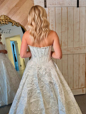 A Line Prom Dresses 3D Floral Strapless Evening Party Dresses with Bead