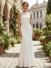Pure White Sequin Neckline Sleeveless Mermaid Maxi Dress Gown