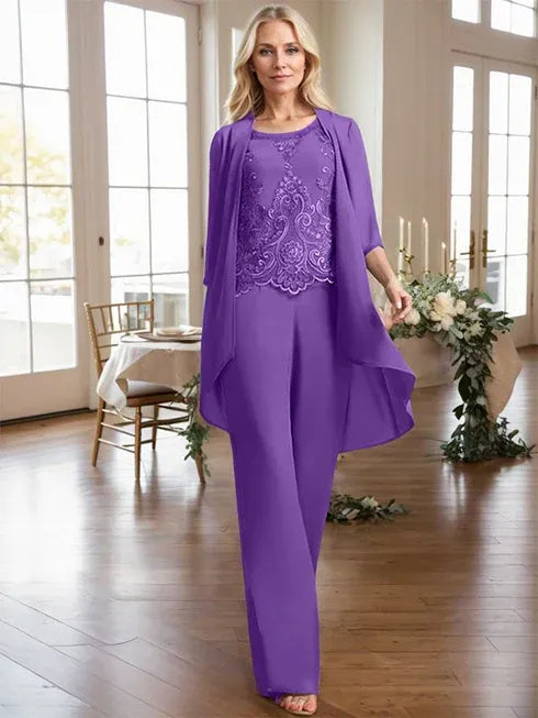 Separates Jumpsuit/Pantsuit Scoop Floor-Length Chiffon Lace Mother of the Bride Dress With Beading Sequins