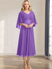 A-line V-Neck Tea-Length Chiffon Mother of the Bride Dress With Pleated Sequins Appliques Lace Beadind