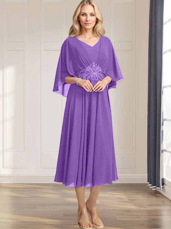 A-line V-Neck Tea-Length Chiffon Mother of the Bride Dress With Pleated Sequins Appliques Lace Beadind