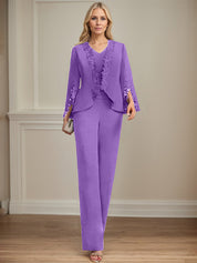 Separates Jumpsuit/Pantsuit V-Neck Floor-Length Chiffon Mother of the Bride Dress