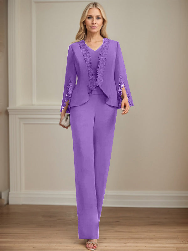 Separates Jumpsuit/Pantsuit V-Neck Floor-Length Chiffon Mother of the Bride Dress