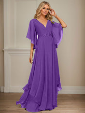 A-line V-Neck Floor-Length Chiffon Mother of the Bride Dress With Sequins Appliques Lace Beading