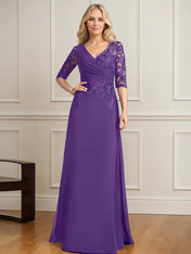 A-line V-Neck Floor-Length Lace Chiffon Mother of the Bride Dress With Pleated Sequins