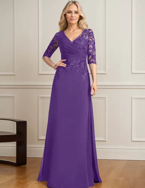 Robe de mère de la mariée trapèze, col en V, longueur au sol, en mousseline de soie et dentelle, avec sequins plissés 