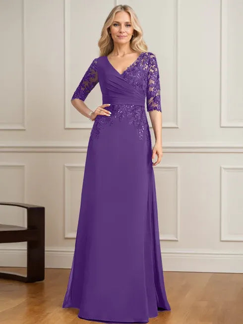 Robe de mère de la mariée trapèze, col en V, longueur au sol, en mousseline de soie et dentelle, avec sequins plissés 
