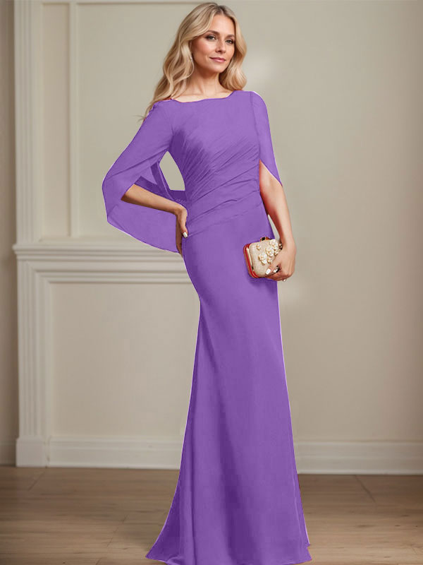 Mermaid Boat Neck Floor-Length Chiffon Mother of the Bride Dress With Pleated