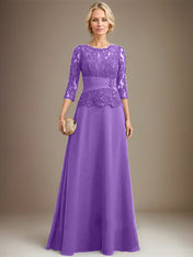 A-line Scoop Illusion Floor-Length Chiffon Lace Mother of the Bride Dress With Pleated Sequins Beading