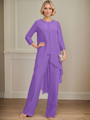 Separates Jumpsuit/Pantsuit Scoop Floor-Length Chiffon Mother of the Bride Dress With Sequins Beading