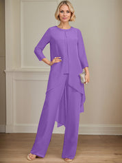 Separates Jumpsuit/Pantsuit Scoop Floor-Length Chiffon Mother of the Bride Dress With Sequins Beading