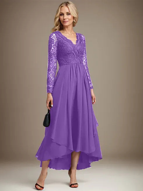 A-line V-Neck Asymmetrical Lace Chiffon Mother of the Bride Dress