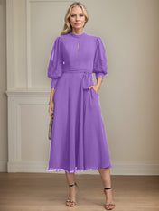 A-line High Neck Tea-Length Lace Chiffon Mother of the Bride Dress With Bow