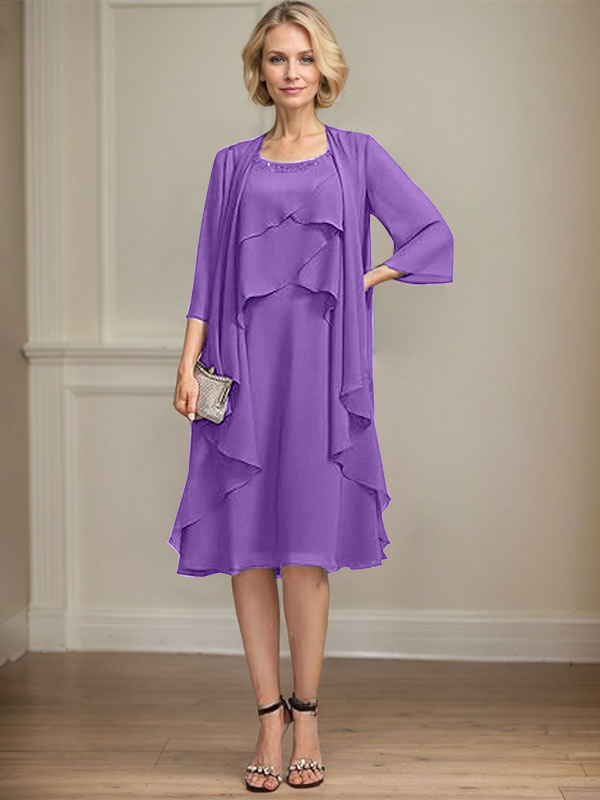 A-line Scoop Knee-Length Chiffon Mother of the Bride Dress With Beading