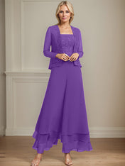 Separates Jumpsuit/Pantsuit Square Ankle-Length Lace Chiffon Mother of the Bride Dress With Sequins