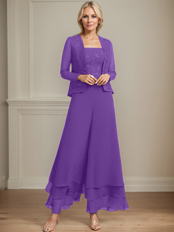 Robe de mère de la mariée en mousseline de soie, longueur cheville, avec sequins, combinaison/tailleur carré 