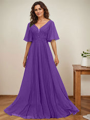 A-line V-Neck Floor-Length Chiffon Mother of the Bride Dress With Sequins Appliques Lace Pleated