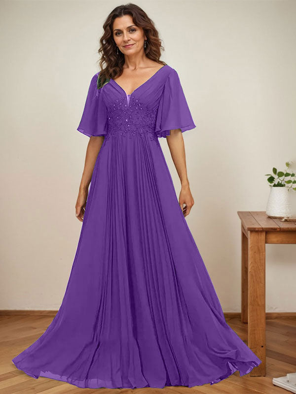 A-line V-Neck Floor-Length Chiffon Mother of the Bride Dress With Sequins Appliques Lace Pleated