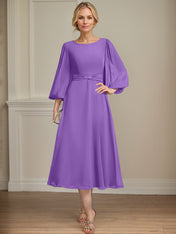 A-line Scoop Tea-Length Chiffon Mother of the Bride Dress With Crystal Brooch Pleated