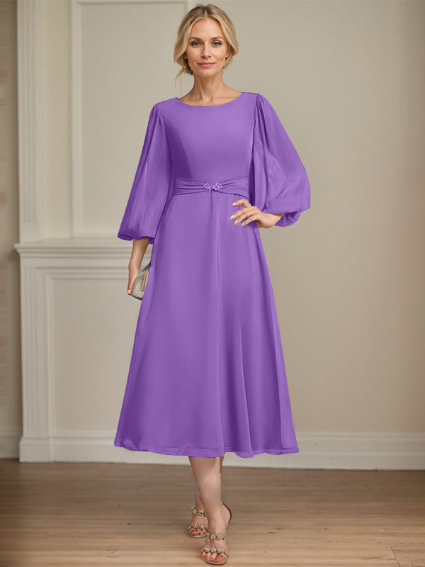 A-line Scoop Tea-Length Chiffon Mother of the Bride Dress With Crystal Brooch Pleated